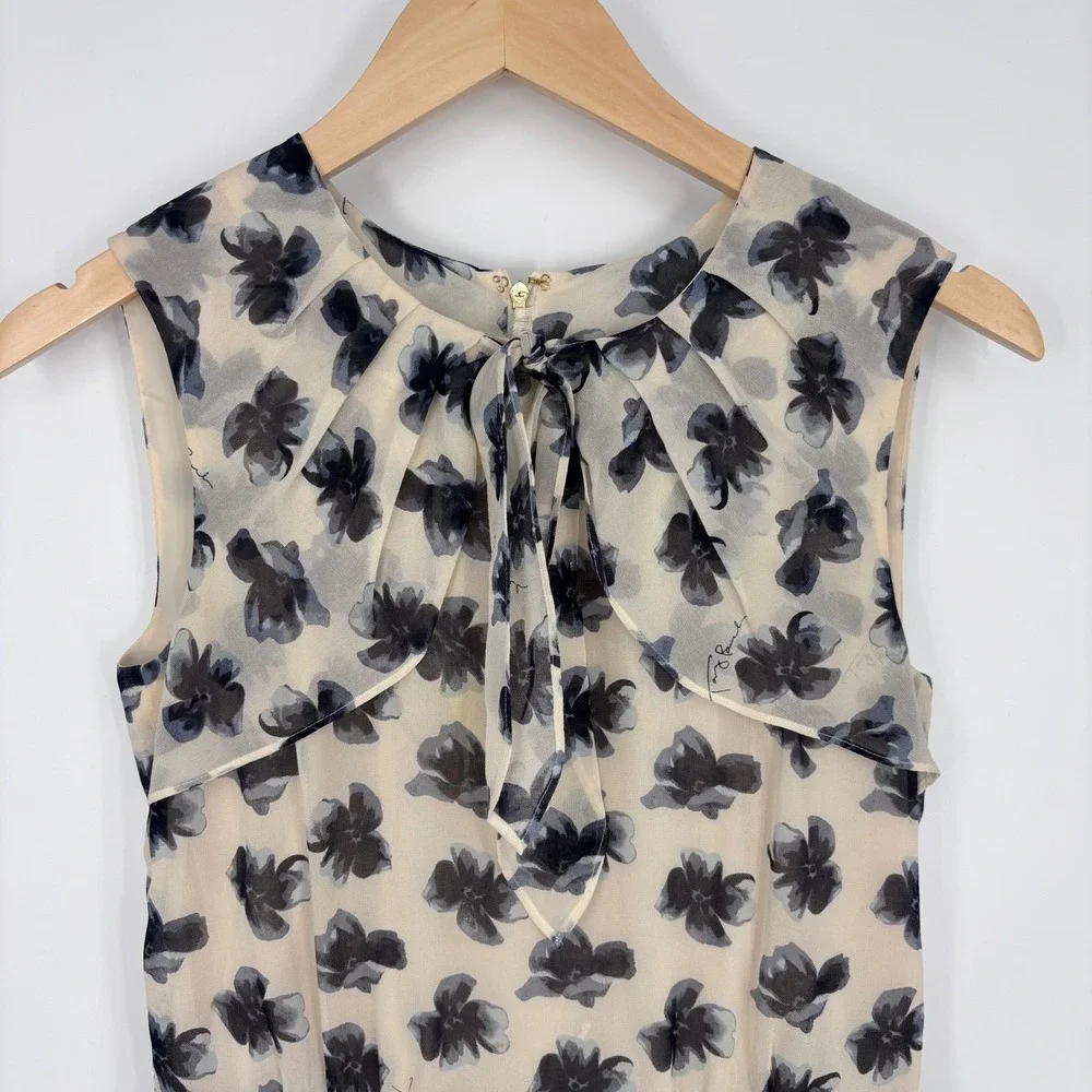 Tory Burch Cecilia Floral Pleated Dress Sz 2 Blue Cream A-Line Bow‎ Neck Chiffon